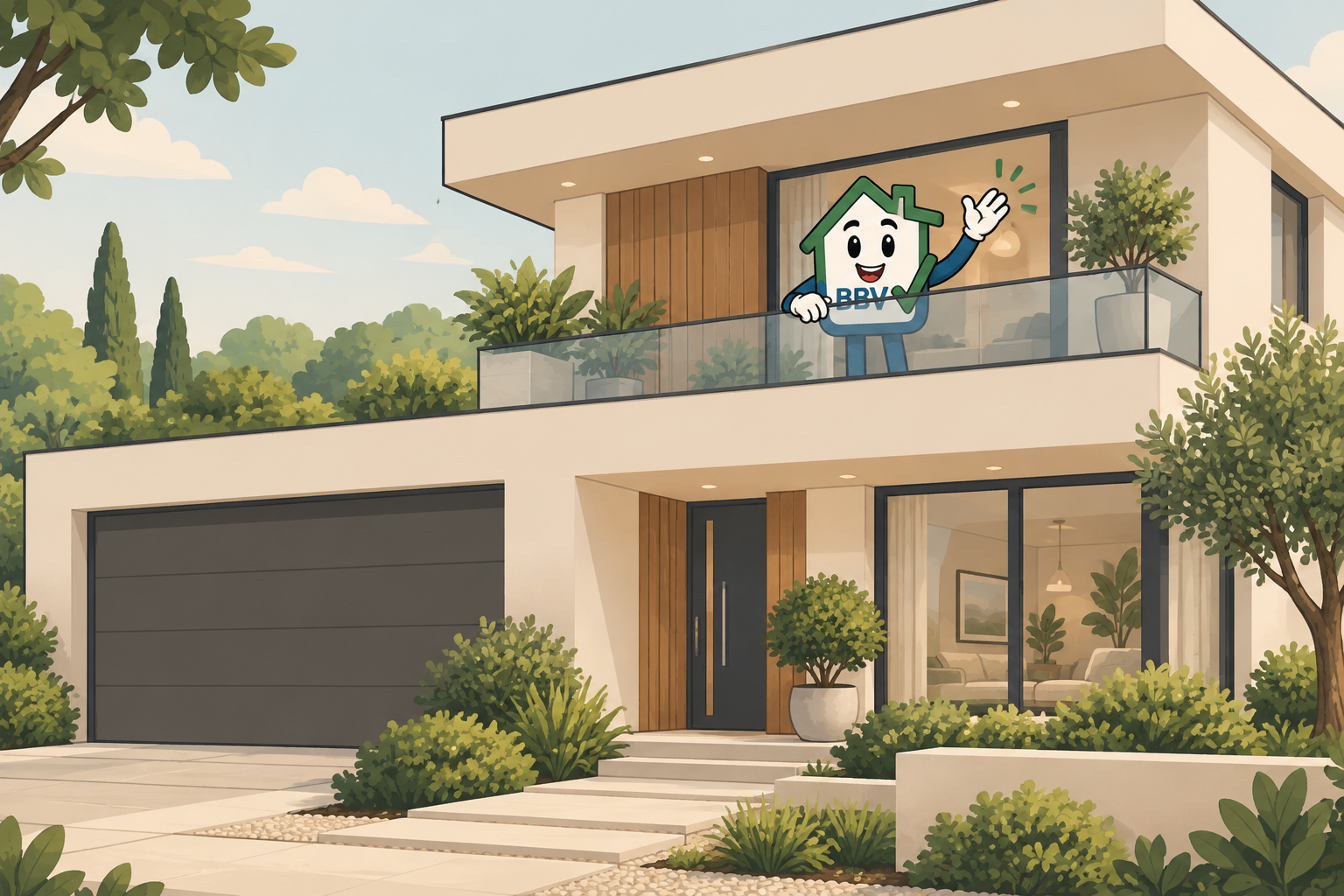 Illustratie van een moderne woning met de BBV-mascotte die vanaf het balkon zwaait